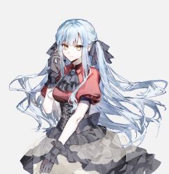  1girl ascot bang_dream! bang_dream!_it's_mygo!!!!! black_ascot black_corset black_gloves black_ribbon black_wrist_cuffs blue_hair bochishiraita brooch closed_mouth corset cowboy_shot gloves grey_background hair_ribbon hand_up highres jewelry long_hair looking_at_viewer oblivionis_(bang_dream!) puffy_short_sleeves puffy_sleeves red_shirt ribbon shirt short_sleeves sidelocks simple_background smile solo standing togawa_sakiko wrist_cuffs yellow_eyes 