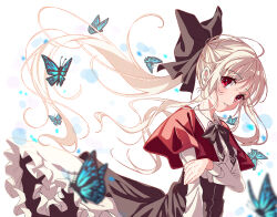  1girl black_bow black_bowtie black_skirt blonde_hair blue_butterfly blurry blush bow bowtie bug butterfly capelet collared_shirt commentary cowboy_shot depth_of_field eden_they_were_only_two_on_the_planet eyes_visible_through_hair floating_hair frilled_skirt frills hair_between_eyes hair_bow hand_on_own_arm he_shan123 high-waist_skirt highres huge_bow light_particles long_hair long_sleeves looking_at_viewer parted_lips puffy_long_sleeves puffy_sleeves red_capelet red_eyes shirt sidelighting sidelocks simple_background sion_(eden) skirt solo tareme very_long_hair white_background white_shirt 