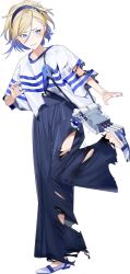  1girl adapted_turret akira_(kadokawa) blonde_hair blue_eyes blue_hair blue_hairband blue_nails blue_pants burnt_clothes full_body gradient_hair hairband jean_bart_(kancolle) jean_bart_(spring)_(kancolle) kantai_collection looking_at_viewer messy_hair multicolored_hair official_alternate_costume official_art pants shirt shoes solo standing standing_on_one_leg striped_clothes striped_shirt transparent_background white_shirt white_shoes 
