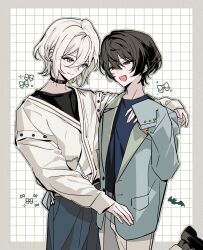  2boys absurdres black_choker black_hair black_shirt blue_jacket blue_pants blue_shirt border cardigan choker commentary_request cosplay costume_switch eichi_turnr ensemble_stars! fang grid_background hair_between_eyes hand_on_another's_waist hand_up highres jacket korean_commentary leg_up long_sleeves male_focus multiple_boys open_mouth pants pocket red_hair sakuma_ritsu shirt short_hair sleeves_past_wrists smile tenshouin_eichi yellow_cardigan 