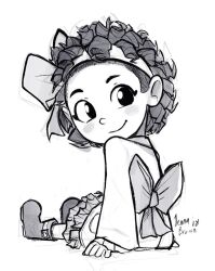  1girl a_hat_in_time ankle_boots arms_at_sides back_bow belt_boots belt_buckle boots bow bow_hairband bow_kid buckle child closed_mouth commentary curly_hair dated english_commentary from_side full_body greyscale hairband hands_on_floor jacket jenna_brown long_sleeves looking_back monochrome short_hair signature sitting skirt smile solo white_background 