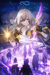  4boys 6+girls absurdres aglaea_(honkai:_star_rail) anaxa_(honkai:_star_rail) black_gloves black_jacket castorice_(honkai:_star_rail) cerydra_(honkai:_star_rail) chrysos_heirs_(honkai:_star_rail) city_lights commentary cyrene_(demiurge)_(honkai:_star_rail) cyrene_(honkai:_star_rail) dan_heng_(honkai:_star_rail) dan_heng_(permansor_terrae)_(honkai:_star_rail) energy english_commentary evernight_(honkai:_star_rail) gloves grey_hair hands_up highres holding holding_quill honkai:_star_rail honkai_(series) hyacine_(honkai:_star_rail) hysilens_(honkai:_star_rail) jacket libero_art long_hair looking_at_viewer march_7th_(honkai:_star_rail) multiple_boys multiple_girls multiple_views mydei_(honkai:_star_rail) parted_lips phainon_(honkai:_star_rail) quill shirt silhouette sky smile star_(sky) starry_sky stelle_(honkai:_star_rail) trailblazer_(honkai:_star_rail) tribbie_(honkai:_star_rail) white_shirt yellow_eyes 