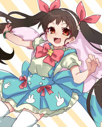  1girl :d absurdres animal_print backpack bag black_hair blue_skirt blush bow bowtie bracelet breasts brooch brown_eyes buttons commentary curled_fingers double-breasted fang floating_hair frilled_skirt frills hachikuji_mayoi hair_ribbon hairband henshin highres jewelry jumping long_hair looking_at_viewer magical_girl mahou_shoujo_madoka_magica mahou_shoujo_madoka_magica_magia_exedra monogatari_(series) open_mouth outline outstretched_arms pink_bag pink_bow pink_bowtie pleated_skirt puffy_short_sleeves puffy_sleeves rabbit_print red_ribbon ribbon shirt shoes short_sleeves single_strap skin_fang skirt skirt_bow small_breasts smile solo star_(symbol) striped_background suspender_skirt suspenders thigh-highs tsugumi_(tgm_615486) twintails untranslatable_commentary very_long_hair white_hairband white_outline white_shirt white_shoes white_thighhighs 
