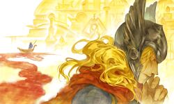  1boy 1other armor blonde_hair boat building cape closed_eyes colored_eyelashes commentary grey_helmet helmet highres long_hair male_focus marvel profile red_cape siciyuanbianmu solo_focus superhero_costume thor_(marvel) thor_(marvel)_(series) upper_body watercraft winged_helmet 