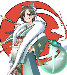  1girl blush bow brown_eyes brown_hair calligraphy_brush commentary_request earrings feet_out_of_frame final_fantasy final_fantasy_vii final_fantasy_vii:_ever_crisis fur_scarf green_bow green_kimono grin hair_bow hair_ornament hand_on_own_hip holding holding_calligraphy_brush holding_paintbrush japanese_clothes jewelry kazaguruma2600 kimono long_sleeves looking_at_viewer obi official_alternate_costume paintbrush sash short_hair smile solo teeth wide_sleeves yuffie_kisaragi yuffie_kisaragi_(heirloom_kimono) 