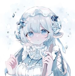  1girl absurdres animal_ears apron blue_eyes blue_flower blue_hair blue_shirt bow bowtie breasts clothing_cutout commentary_request contrast_collar cross-laced_clothes cross-laced_cutout curled_horns floral_print flower frilled_apron frilled_shirt frills glass gradient_hair hair_flower hair_ornament hands_up hat highres holding horns konkave_linse lace-trimmed_sleeves lace_trim layered_sleeves long_hair long_sleeves looking_at_viewer medium_breasts mob_cap multicolored_hair original parted_lips see-through_horns sheep_ears sheep_girl sheep_horns shirt sidelocks solo upper_body water water_drop white_apron white_background white_bow white_bowtie white_hat 