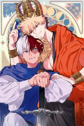  2boys alternate_costume arm_up bakugou_katsuki blonde_hair blue_eyes boku_no_hero_academia bracelet brown_eyes burn_scar cactusnabe commentary_request crown heterochromia highres jewelry long_sleeves male_focus moon_phases multicolored_hair multiple_boys planted planted_sword pointing red_eyes red_hair red_robe robe scar scar_on_face shirt sitting smile split-color_hair standing sword todoroki_shoto weapon white_hair white_shirt 