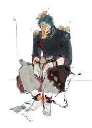 1boy animal_on_head animal_on_shoulder bandaged_arm bandaged_foot bandaged_hand bandaged_head bandaged_leg bandages bandages_over_eyes bead_necklace beads bird bird_on_head bird_on_knee bird_on_lap bird_on_shoulder blue_skin chain chinese_clothes chinese_commentary colored_skin commentary_request cuffs full_body green_hair highres jewelry long_hair long_sleeves male_focus necklace ofuda ofuda_on_head on_head original shackles simple_background sitting sketch solo thai_text toes translation_request unholymilk white_background 