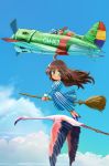  airplane bird broom broom_riding brown_hair cloud clouds commentary_request dress flamingo flying goggles goggles_on_head inui_(jt1116) inui_(pixiv) long_hair multiple_girls pilot polikarpov_i-16 sidesaddle sky tintin 