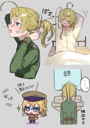  ... ahoge bed belt blanket blonde_hair blue_eyes blush chibi commentary cropped_torso green_hat grey_background hat highres long_sleeves looking_at_mirror medium_hair military_hat military_uniform mirror multiple_girls open_mouth ponytail sidelocks simple_background sink stretching syake_chi tanya_degurechaff tying_hair under_covers waking_up yawning youjo_senki 