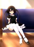  black_hair blush brown_eyes dress error flat_chest hair_ornament hair_ribbon k-on! long_hair mary_janes nakano_azusa ribbon shoes sitting smile sora_to_umi thigh-highs thighhighs twintails very_long_hair white_legwear wrong_feet 