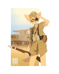  1boy animal_ear_fluff animal_ears artist_name barcode bolt_action commentary cross desert fermi_(nwico) furry gun hat highres iron_cross mauser_98 military_hat military_uniform military_vehicle motor_vehicle original panzer_iv rifle shorts signature sweat tail tank weapon world_war_ii 