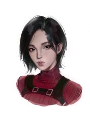  1girl ada_wong black_eyes black_hair chest_harness closed_mouth commentary cropped_torso dress eyeshadow harness highres looking_at_viewer makeup parted_bangs red_dress red_eyeshadow resident_evil resident_evil_4 ribbed_dress sesesnk short_hair solo turtleneck turtleneck_dress upper_body white_background 