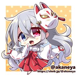  1girl :d akaneya blue_eyes blush_stickers border character_request chibi chibi_only commentary_request commission crossed_bangs double-parted_bangs fox_mask full_body grey_hair hair_between_eyes hakama hakama_skirt hand_up heterochromia japanese_clothes kimono long_hair long_sleeves looking_at_viewer lowres mask mask_on_head miko open_mouth outline outside_border polka_dot polka_dot_background red_eyes red_hakama ribbon-trimmed_sleeves ribbon_trim skeb_commission skirt sleeves_past_fingers sleeves_past_wrists smile solo standing twitter_username very_long_hair web_address white_border white_kimono white_outline wide_sleeves yellow_background 