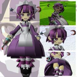  1girl 3d @_@ apron back_bow black_shoes blood bow dress drooling futaba_channel game_screenshot_background maid_apron maid_headdress moon nijiura_maids panties purple_dress purple_hair rakugaki_oukoku_2:_maou-jou_no_tatakai screenshot_background shoes short_hair simple_background sin_nosuke star_(symbol) striped_clothes striped_thighhighs syringe thigh-highs third-party_source underwear violet_eyes yakui 