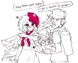  !? 1boy 1girl anger_vein animal_on_head bird bird_on_head chicken_(food) commentary english_commentary english_text expiration_date_(tf2) food fried_chicken headset highres multicolored_hair niwatari_kutaka on_head partially_colored rampa93 red_eyes red_hair scout_(tf2) short_sleeves simple_background slapping speech_bubble tail team_fortress_2 told_you_not_to_do_that touhou twitter_username two-tone_hair wings 