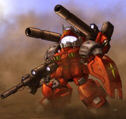  absurdres assault_visor beam_rifle blue_visor chibi commentary_request dust_cloud earth_federation energy_gun full_body gun guncannon gundam highres holding holding_gun holding_weapon mecha mecha_focus mobile_suit mobile_suit_gundam no_humans redesign robot science_fiction sd_gundam shoulder_cannon signature solo standing weapon yatta070622 