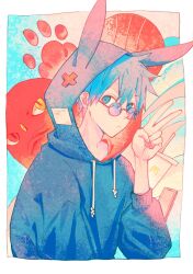  1boy animal_ear_hood blue_eyes border closed_mouth commentary drawstring gensyuuu glasses highres hood hood_up kuroko_no_basuke kuroko_tetsuya long_sleeves looking_at_viewer male_focus mcdonald's round_eyewear short_hair solo untranslatable_commentary upper_body v white_border 