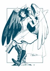  1girl bird_wings breasts commentary_request control_rod_(touhou) daitai_konna_kanji feathered_wings hand_up head_tilt highres inset_border long_hair looking_at_viewer medium_breasts medium_skirt monochrome orb outside_border parted_lips pointing puffy_short_sleeves puffy_sleeves reiuji_utsuho shirt short_sleeves simple_background skirt smile socks solo standing toes_up touhou white_background white_shirt wings 