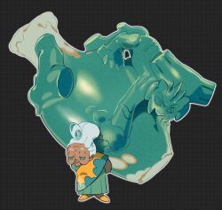  1girl asian_indian_clothes bindi borrowed_character closed_eyes commission dark-skinned_female dark_skin desi dress facial_mark forehead_mark green_dress highres landorus landorus_(therian) okto_(oktorisuyet) old old_woman original outline oversized_object pokemon sari strong updo urn white_hair white_outline wrinkled_skin 