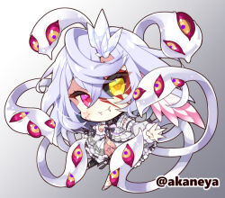  1girl akaneya character_request chibi chibi_only closed_mouth commentary_request copyright_request crossed_bangs double-parted_bangs dress fangs fangs_out frilled_dress frills full_body gradient_background grey_background hair_between_eyes hand_on_own_chest heterochromia long_hair long_sleeves looking_at_viewer panties pink_eyes shoes smile solo standing thick_eyebrows twitter_username underwear white_dress white_hair white_panties white_shoes yellow_eyes 