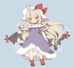  1girl blonde_hair blue_background blue_eyes bow choker closed_mouth commentary_request dated dress elbow_gloves full_body gap_(touhou) gloves hair_bow hat hat_bow long_hair mob_cap puffy_short_sleeves puffy_sleeves purple_dress red_bow red_ribbon red_shoes ribbon ribbon_choker shoes short_sleeves signature smile solo standing touhou very_long_hair white_gloves white_hat yaco_(nuitnotte) yakumo_yukari 