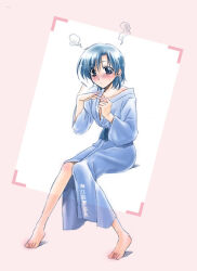  1girl barefoot bishoujo_senshi_sailor_moon black_hair blue_eyes blush_stickers head_steam invisible_chair japanese_clothes kimono mizuno_ami simple_background sitting solo takano_saku yukata 