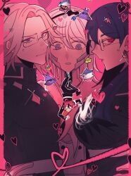  2boys 2girls absurdres ahoge anger_vein aotsuki_eito armor black_boots black_hairband black_jacket black_pants black_streaks boots border catherine_(game) commentary earrings english_commentary geta glasses glint gloves grey_hair hairband highres jacket jewelry kirifuji_nozomi last_defense_academy_school_uniform long_hair looking_at_viewer multicolored_hair multiple_boys multiple_girls pants parody pillarboxed pink_background pink_border purple_hair red_eyes red_hair school_invader_(hundred_line) school_uniform shizuhara_hiruko short_hair streaked_hair sumino_takumi takueitaku the_hundred_line_-last_defense_academy- two-tone_hair violet_eyes white_gloves wide-eyed 