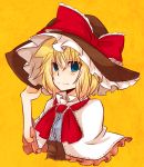  alice_margatroid black_dress blonde_hair blue_eyes blush bust capelet cosplay dress hand_on_hat hat hat_ribbon kirisame_marisa kirisame_marisa_(cosplay) looking_at_viewer ribbon short_hair solo touhou witch witch_hat yuuta_(monochrome) 