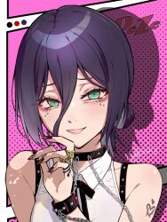  1girl alto_seneka bare_shoulders black_choker black_ribbon blush chain chainsaw_man character_name cheek_piercing choker commentary dotted_background english_commentary eyelid_piercing eyeshadow face_piercing finger_to_cheek gold_ring green_eyes hair_between_eyes hair_bun heart highres jewelry lips looking_at_viewer makeup medium_hair nail_art parted_lips piercing pink_background purple_hair red_nails reze_(chainsaw_man) ribbon ring shirt sleeveless sleeveless_shirt solo studded_wristband upper_body white_shirt wristband 