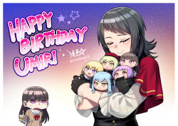  6+girls bang_dream! bang_dream!_it's_mygo!!!!! birthday_cake black_hair black_shirt cake capelet closed_eyes commentary_request english_text food happy_birthday highres long_hair long_sleeves misumi_uika mortis_(bang_dream!) multiple_girls red_capelet ryuusei_(mark_ii) school_uniform see-through_clothes see-through_sleeves shiina_taki shirt simple_background sky smile star_(sky) starry_sky stuffed_toy tearing_up togawa_sakiko wakaba_mutsumi yahata_umiri yuutenji_nyamu 