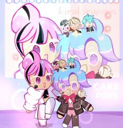 1girl 5boys alternate_costume blue_hair blush bowtie brown_hair choco_banana_cookie closed_eyes coconut_cream_cookie coffee_berry_cookie cookie_run cookie_run:_ovenbreak crop_top glitter glitter_in_hair hair_bun hair_ornament headset jacket multicolored_hair official_alternate_costume open_jacket pants peace_symbol pink_hair popping_candy_cookie popping_candy_cookie_(red_carpet_attire) shining_glitter_cookie shining_glitter_cookie_(superstar_airport_attire) shoes short_hair smile spearmint_cookie suit third-party_source white_pants