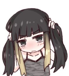  1girl :/ bare_arms bare_shoulders black_eyes black_hair blush camouflage_tank_top closed_mouth collarbone commentary grey_tank_top hands_in_own_hair hands_up i.u.y kuroyoru_umidori long_hair long_sidelocks looking_at_viewer multicolored_hair no_detached_sleeves no_nose sidelocks simple_background solo tank_top toaru_majutsu_no_index toaru_majutsu_no_index:_new_testament two-tone_hair upper_body white_background 