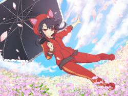  1girl animal_ear_hood animal_ears animal_hood black_hair black_umbrella blue_flower blue_sky blunt_bangs blush cat_hood clouds cloudy_sky day eyepatch fake_animal_ears falling_petals field flat_chest flower flower_field frilled_umbrella frills game_cg grin holding hood hood_up hooded_jacket jacket long_hair long_sleeves looking_at_viewer mirai_(senran_kagura) mitsudomoe_(shape) official_art outdoors pants pastel_colors petals pink_flower pink_petals purple_flower red_eyes red_jacket red_pants red_track_suit senran_kagura senran_kagura_new_link shoes sidelocks sky smile solo tomoe_(symbol) track_pants track_suit umbrella umbrella_gun white_shoes yellow_flower 