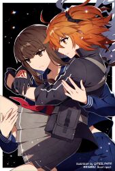  2girls black_gloves black_jacket black_skirt blue_serafuku blue_shirt blue_skirt brown_eyes brown_hair carrying carrying_person closed_mouth command_spell commentary_request fate/extra fate/grand_order fate_(series) fujimaru_ritsuka_(female) gloves hair_ornament hair_scrunchie highres jacket kishinami_hakuno_(female) long_hair long_sleeves medium_hair meiji_ken multiple_girls orange_eyes orange_hair parted_lips pleated_skirt school_uniform scrunchie serafuku shirt side_ponytail skirt yuri 