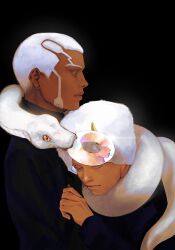  2boys brothers closed_mouth commentary_request crew_cut dark-skinned_male dark_skin denisefanta disc enrico_pucci eyelashes hat highres jojo_no_kimyou_na_bouken male_focus multiple_boys perla_pucci reflection short_hair siblings snake stone_ocean very_short_hair weather_report white_hair white_hat white_snake whitesnake_(stand) 