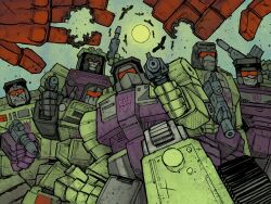  6+boys aiming aiming_at_viewer armor assault_visor azoinab bird black_helmet bonecrusher clenched_teeth commentary constructicon decepticon english_commentary frown green_armor grin gun helmet highres holding holding_gun holding_weapon hook_(transformers) long_haul_(transformers) looking_at_viewer mecha mecha_focus mixmaster multiple_boys outdoors pov pov_hands purple_armor red_eyes red_visor robot robot_boy scavenger_(transformers) scrapper_(transformers) smile sun teeth transformers transformers:_generation_1 weapon 