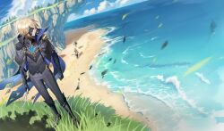  1girl 2boys absurdres aether_(genshin_impact) ahoge arm_armor armor arms_up baggy_pants beach black_armor black_boots black_gloves black_jacket black_mask black_pants black_shirt black_vest blonde_hair blue_cape blue_eyes blue_scarf blue_sky boots braid brown_boots cape clenched_hand clenched_hands clouds cloudy_sky commentary_request constellation_print dainsleif_(genshin_impact) day floating_cape floating_clothes floating_hair from_behind full_body genshin_impact gloves gold_trim grass hair_between_eyes hair_ribbon half-closed_eyes halo highres holding holding_stick jacket lapels leg_up long_hair long_sleeves looking_at_another looking_back looking_down low-braided_long_hair low-tied_long_hair male_focus mechanical_halo moemoenomori mountain multiple_boys no_eyes ocean open_clothes open_jacket open_mouth outdoors paimon_(genshin_impact) pants pine_tree puffy_long_sleeves puffy_sleeves ribbon romper sand scarf scenery shadow shirt short_hair short_sleeves single_braid sky smile solo_focus standing stick tree vest walking white_boots white_hair white_ribbon white_romper white_scarf 