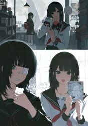  2girls @_@ absurdres backpack bag black_eyes black_hair black_sailor_collar black_serafuku black_shirt black_skirt blush chinese_commentary clock commentary_request eyepatch glasses grey_eyes heart hello_kitty hello_kitty_(character) highres jewelry kneehighs long_sleeves mole mole_under_eye multiple_girls nail_polish neckerchief notebook open_mouth original pleated_skirt red_bag red_nails red_neckerchief ring sailor_collar sanrio school_uniform serafuku shelf shirt shuishuisama silk skirt socks spider_web white_shirt white_socks yuri_(object) 