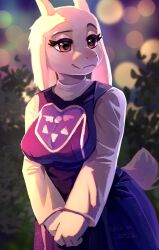  1girl animal_ears blurry blurry_background bokeh breasts commentary cowboy_shot dated delta_rune_(symbol) depth_of_field dress english_commentary fang furry furry_female goat_ears goat_girl goat_horns goat_tail highres horns large_breasts long_sleeves mature_female painterly purple_dress red_eyes signature skeleion skin_fang smile solo tail toriel undertale utdr_(toby_fox) 