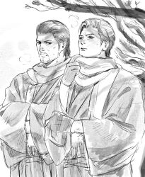  2boys ahoge alternate_costume bare_tree beard blush breath commentary_request dojima_daigo facial_hair gloves greyscale hair_slicked_back haori japanese_clothes kimono male_focus mine_yoshitaka monochrome multiple_boys own_hands_together ryuu_ga_gotoku_(series) ryuu_ga_gotoku_3 scarf tree tyag53 winter 