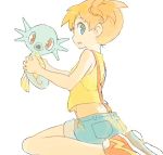  1girl blue_eyes drawr holding horsea kasumi_(pokemon) orange_hair pokemon pokemon_(anime) pokemon_(creature) ponytail shouji_ni_nanshi sitting 