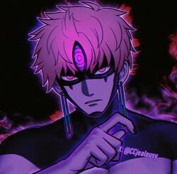  1boy aura black_nails chinese_commentary colored_skin commentary_request czy_(2894456992) dandadan earrings enjoji_jin enjoji_jin_(possessed) jewelry male_focus muscular muscular_male portrait purple_hair purple_skin solo third_eye twitter_username violet_eyes watermark 