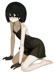  1girl backless_dress backless_outfit bare_shoulders barefoot black_dress black_eyes black_gloves black_hair blush bob_cut breasts closed_mouth collarbone dress empty_eyes gloves hair_between_eyes halter_dress halterneck highres kneeling light_smile looking_at_viewer looking_to_the_side monogatari_(series) on_ground oshino_ougi pale_skin polka_dot polka_dot_dress shin1kake short_dress short_hair simple_background small_breasts smile soles solo sundress toes white_background 