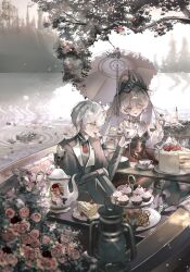  1boy 1girl bare_shoulders black_pants boat breasts cake cake_slice commentary cup cupcake english_commentary food fork gloves grey_eyes grey_hair hair_between_eyes highres holding holding_cup holding_fork holding_umbrella lantern long_hair long_sleeves male_keeper_(morimens) maruma_gozu morimens murphy_(morimens) pants pink_eyes pretzel teacup teapot tree umbrella watercraft white_gloves 