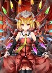  adapted_costume bare_shoulders black_legwear blonde_hair detached_sleeves dress flandre_scarlet garter_straps helmet highres kuragari long_hair machine red_eyes side_ponytail smile solo thigh-highs thighhighs touhou 