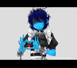  1girl 5x5fo black_dress blue_hair blue_skin breasts chain collar colored_skin commentary_request cosplay cuffs deltarune dress earrings ellen_joe ellen_joe_(cosplay) expressionless four-finger_heart_hands frilled_dress frills genderswap genderswap_(otf) heart heart_hands highres hoop_earrings jewelry kris_(dark_world)_(deltarune) kris_(deltarune) maid maid_headdress moechakkafire puffy_short_sleeves puffy_sleeves red_eyes shackles short_hair short_sleeves single_earring solo solo_focus soul_(deltarune) spiked_collar spikes utdr_(toby_fox) wrist_cuffs 