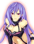  bare_shoulders breast_hold breasts choujigen_game_neptune cleavage collarbone ears elbow_gloves gloves highres iris_heart kami_jigen_game_neptune_v large_breasts lips long_hair looking_at_viewer naughty_face navel purple_hair pururut red_eyes smile solo very_long_hair ysnonnon_(yuu) 