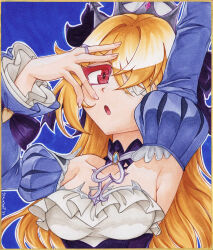  1girl arm_up armpits artist_name bare_shoulders blonde_hair blue_background blue_dress border breasts choker chuunibyou collarbone crossed_bangs crown detached_sleeves dress eyepatch fischl_(ein_immernachtstraum)_(genshin_impact) fischl_(genshin_impact) frilled_sleeves frills genshin_impact gold_border highres jewelry juliet_sleeves long_hair long_sleeves marker_(medium) medium_breasts official_alternate_costume open_mouth puffy_sleeves red_eyes ring shikishi simple_background solo stalkingp traditional_media wide_sleeves 
