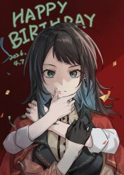  2girls absurdres bang_dream! bang_dream!_it's_mygo!!!!! black_gloves black_hair black_vest blue_eyes capelet chinese_commentary closed_mouth commentary_request confetti dated earrings gloves happy_birthday highres hug jewelry joker_(jjjokerrr233) lipstick looking_at_viewer makeup medium_hair multiple_girls red_capelet shiina_taki shirt smeared_lipstick three-quarter_sleeves timoris_(bang_dream!) vest white_shirt yahata_umiri 
